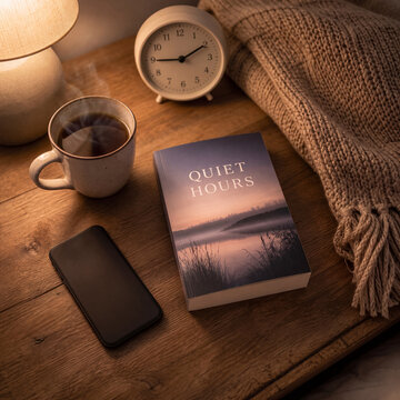 Book and warm drink on a cozy bedside table
