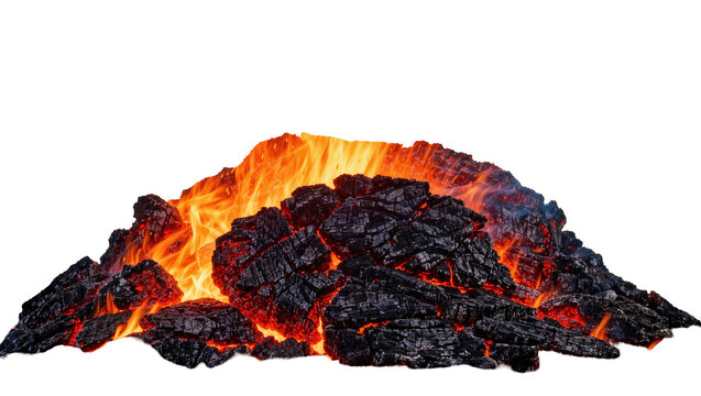 Molten lava flowing over jagged black volcanic rocks, isolated on transparent background