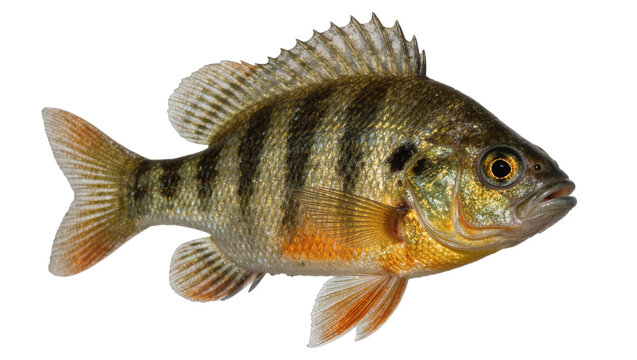 Detailed perch fish with dark vertical stripes, isolated on transparent background