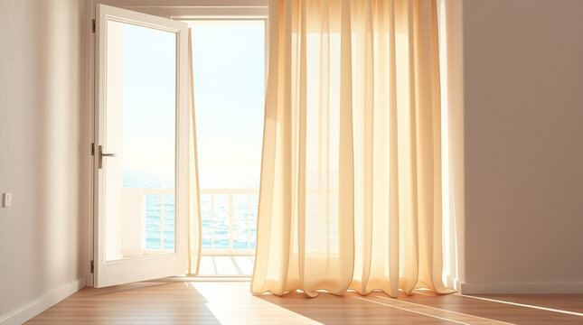 Bright coastal interior with sheer white curtains flowing in the sunlight and a blue ocean view through an open window