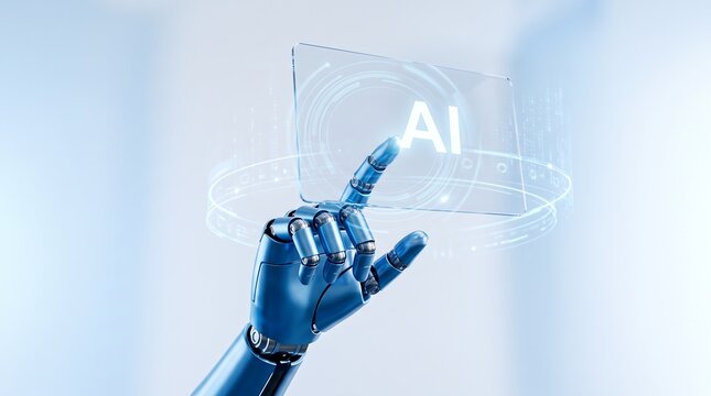 Robotic Hand Touching Glowing AI Holographic Interface Concept