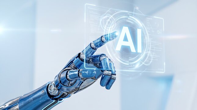 Robotic Hand Touching Glowing AI Holographic Interface Concept