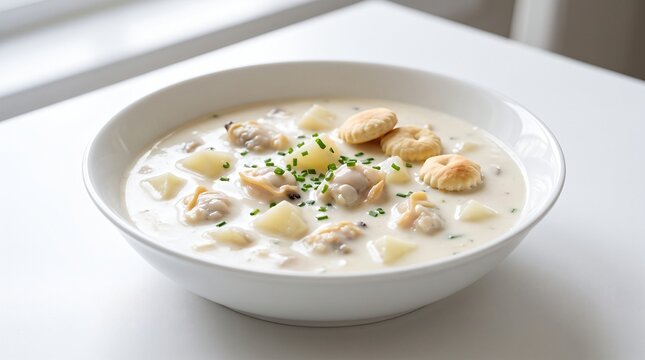 Gourmet New England clam chowder featuring a rich thick creamy white broth loaded with tender ocean clams and savory diced potatoes, beautifully presented in a luxurious pristine porcelain bowl