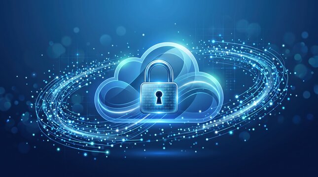 Abstract blue cloud computing security concept featuring glowing metallic padlock with binary code overlay, surrounded by swirling light particles and digital rings representing
