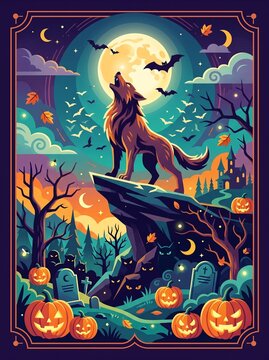 Werewolf howling on cliff top under full moon in graveyard, vector art, halloween concept