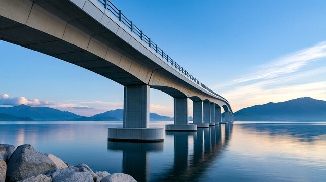 Modern multi-span bridge connecting two coastal cities across a wide bay, urban infrastructure concept, wide daylight architectural photography, defocused water reflections,