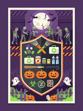 Zombie apocalypse survival gear shield and walking undead, vector style, purple orange, halloween concept