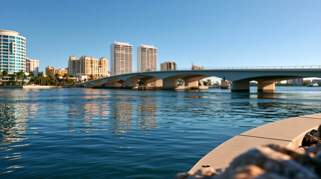 Modern multi-span bridge connecting two coastal cities across a wide bay, urban infrastructure concept, wide daylight architectural photography, defocused water reflections,