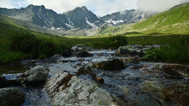 Flowing mountain stream in alpine valley with rocks