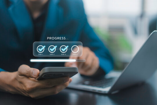 Workflow progress and process tracking with professional using smartphone and laptop to monitor completed steps, task status, milestones and digital business workflow completion