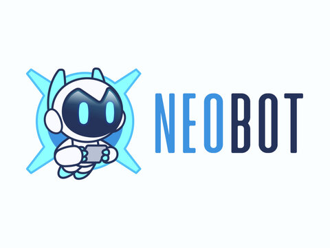 Cute neo robot holding controller mascot logo design with NEOBOT typography vector illustration