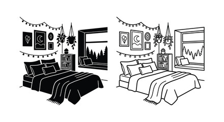 Bedroom interior illustration with bed plants and wall decor black and white © Mdarif