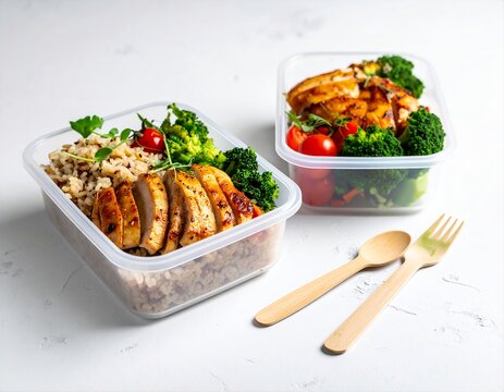 grilled chicken breast with vegetables and brown rice, diet food concept