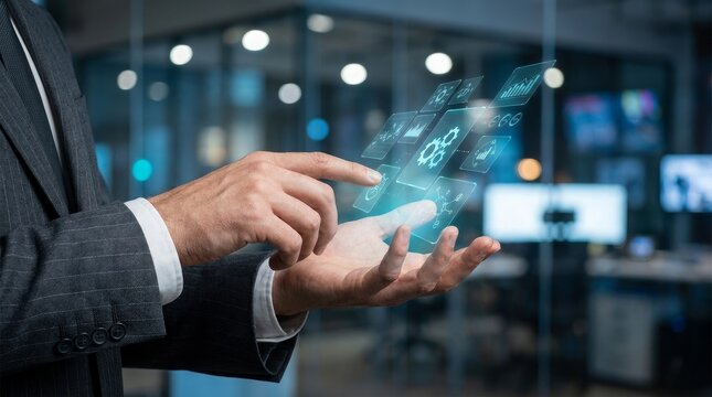 Person using touch screen interface with futuristic digital display