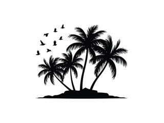 Fototapeta premium Island vector silhouette design featuring palm trees and birds