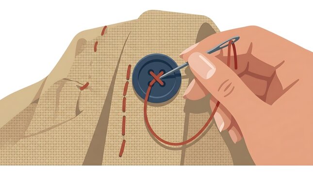 Person hand sewing blue button on beige fabric with red thread