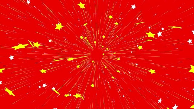 Abstract Red Central Core with Flying Yellow and White Stars and Speed Lines Spreading Outwards
