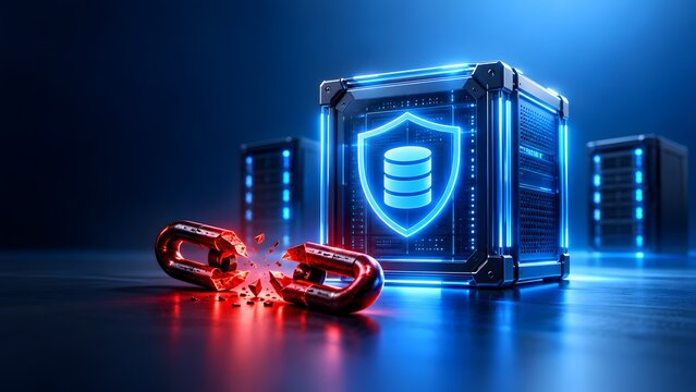 Broken chain link glowing red in front of a blue secure database server symbolizing a security breach and vulnerability.