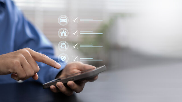 Policy management and insurance coverage selection with professional using digital tablet to review vehicle, home, family and health policies through online insurance service platform