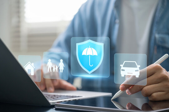 Insurance coverage and policy management with professional using digital platform for home, family and car protection, online insurance planning and integrated policy services