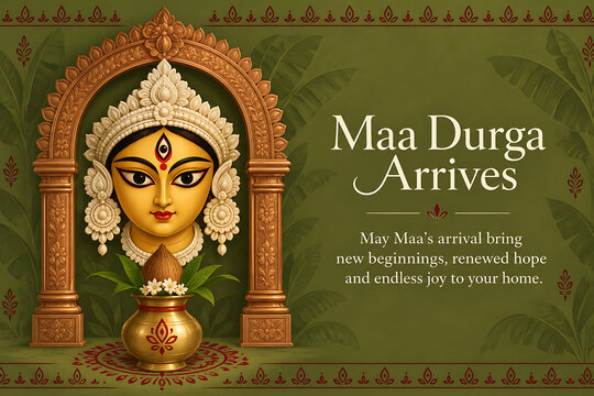 Goddess durga face with kalash temple arch banana leaves and traditional motifs for durga puja navratri festive arrival greeting background devotional design