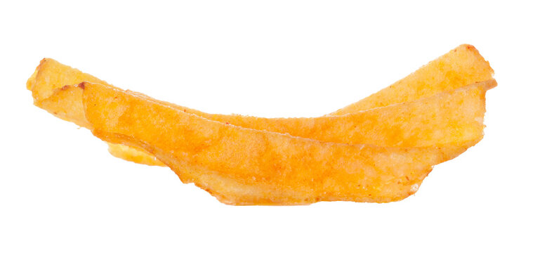 Potato chips arranged in a curved shape on a white background