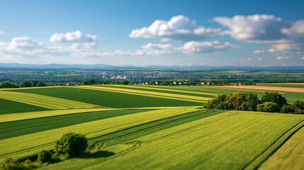 Fototapeta premium Aerial drone perspective over an agricultural landscape surrounding a European river city, farmland and urban blend concept, high-altitude photography, defocused patchwork fields,