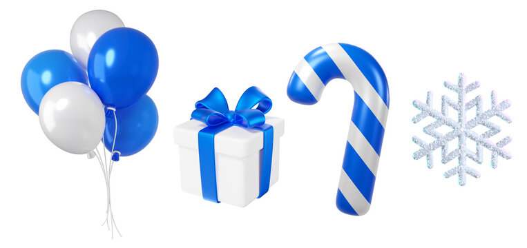 Festive blue and white gift with balloons, wrapped present, candy cane, and snowflake. Perfect for Christmas branding, promotions, and seasonal campaigns.
