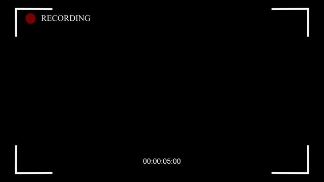 camera overlay with recording frame and top-center timer, style HUD for video with ISO, REC icon, black screen,Blinking round red rec button. Battery discharge animation.