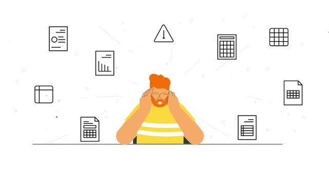 Worker surrounded by floating paper documents and warning 2d animation