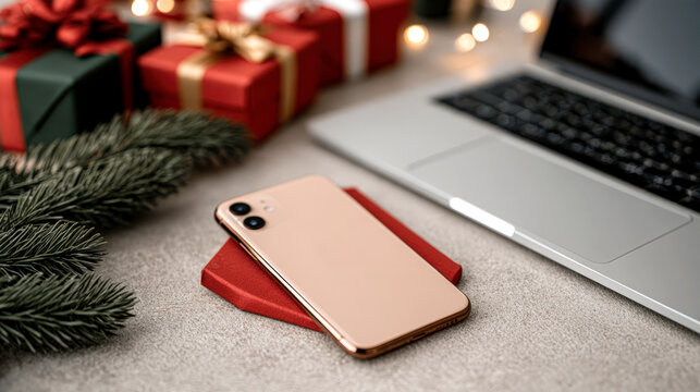 Christmas Online Shopping With Smartphone Laptop And Festive Gifts On Desk Workspace