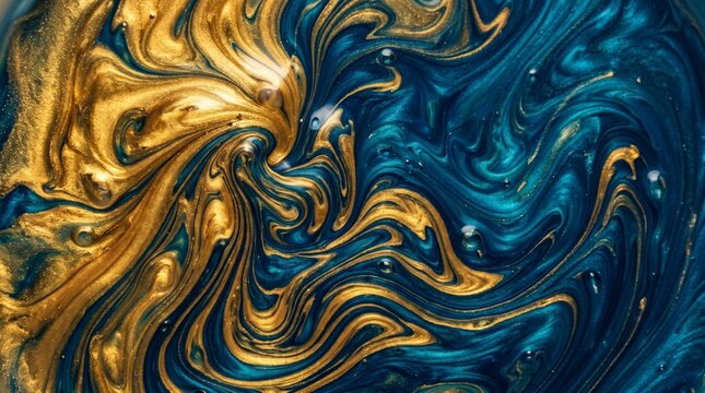 Extreme close up of heavy liquid gold and deep ocean blue fluids colliding mixing and swirling slowly together to create rich thick metallic paint textures and beautiful abstract marble patterns