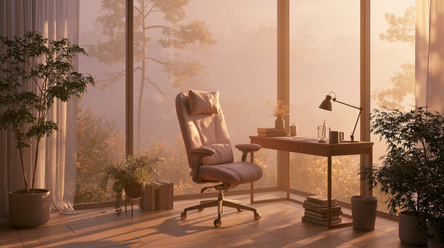 Ergonomic chair sits beside a wooden desk inside a sunlit room with indoor plants.