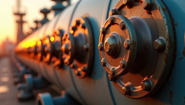 Industrial pipeline flanges with bolted connections lit by warm sunset light. Close-up of rusty metal pipe joints and fasteners in a manufacturing or utility infrastructure setting.