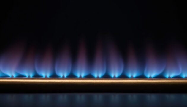Blue gas flames ignite across a metal burner against a dark background, with glowing orange heating element visible below the flames.