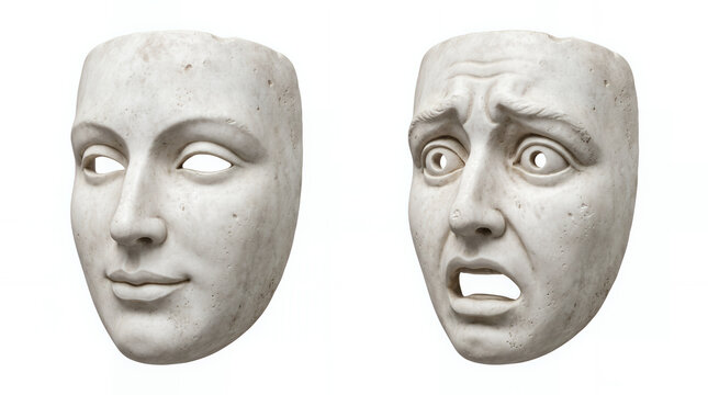 Pair of pale stone face masks displaying surprise and fear with exaggerated facial expressions isolated on a clean white background.