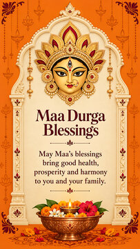 Goddess durga portrait with golden crown temple arch flowers diya and rangoli for durga puja navratri blessing festival greeting card traditional celebration