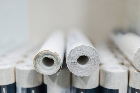 Close-Up View of Wallpaper Rolls in a Home Improvement Store