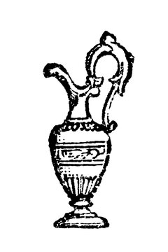 Ewer, vessel on a stand with a handle and spout used for pouring water, shown in a black and white illustration, old vintage illustration, 1897