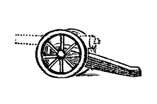 Cannon carriage, wheeled mount supporting a gun barrel, shown with a large spoked wheel, old vintage illustration, 1897