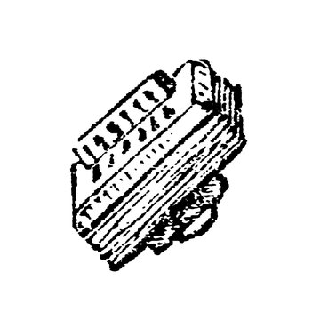 Accordion, portable box shaped musical instrument with bellows and keys, shown in a detailed black and white sketch, old vintage illustration, 1897