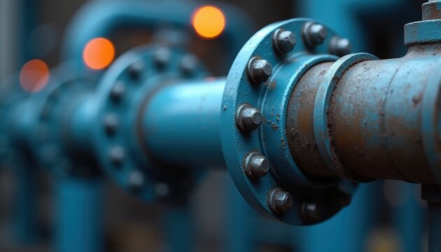 Close-up of industrial metal pipes with blue flanges and bolted connections showing rust and wear. Blurred orange lights glow in the background of an industrial facility.