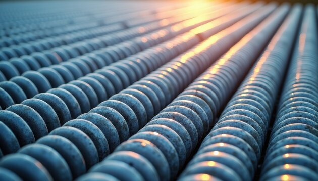 Close-up of industrial metal threaded rods with warm golden sunlight casting shadows across parallel rows. The image showcases the texture and grooves of precision-manufactured steel fasteners.