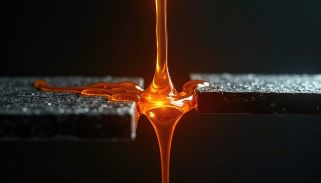 Molten gold or amber liquid pours onto a dark textured surface, creating a glossy pool with luminous orange glow. The viscous fluid catches light dramatically against the black background.