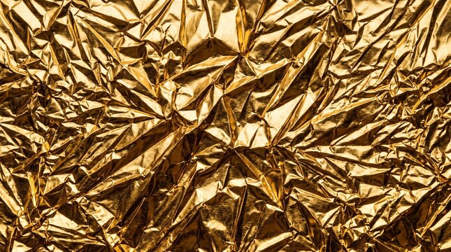 Crinkled gold foil texture with sharp folds and metallic highlights