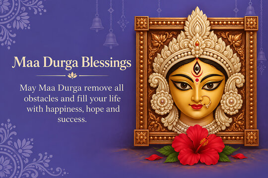 Divine goddess durga portrait in ornate frame with hibiscus flower and decorative motifs for durga puja navratri blessing greeting background traditional festival