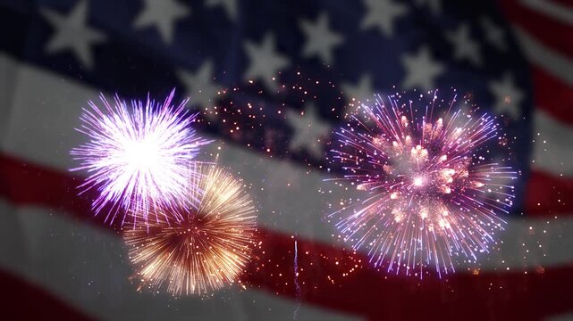 American 4th of july flag waving in the night fireworks sky. 4K.