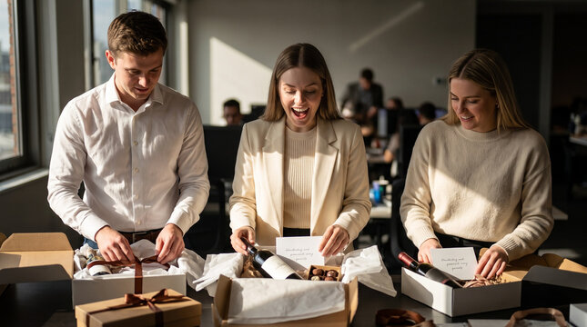 Joyful office team packing luxury corporate gift boxes with wine and chocolates for client appreciation