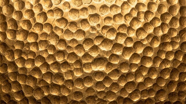 Hammered brass sheet texture with dimpled facets and golden reflections