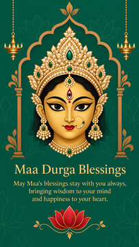 Divine goddess durga face with jeweled crown hanging lamps lotus ornament and green background celebrating durga puja and navratri sacred devotion beautifully